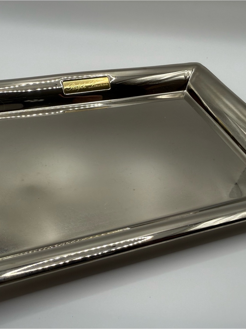 VTG Ralph Lauren Silver Metal Tray w/ Ralph Lauren Gold Insignia Shiny Finish